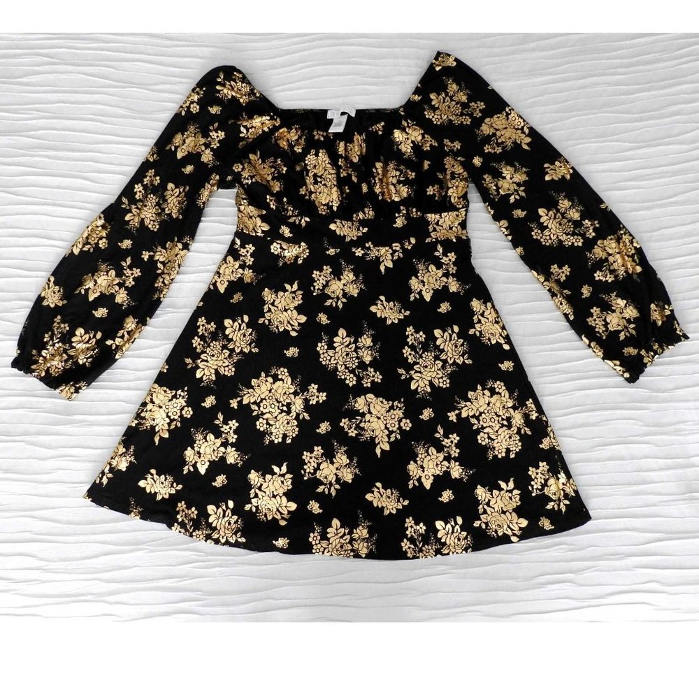 Planet Gold Junior Black Mini Dress With Golden Roses Size XL